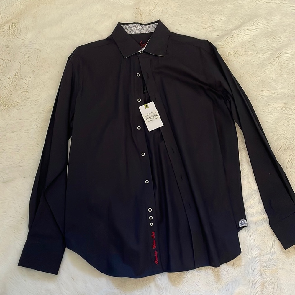 Men’s Robert Graham long sleeve dress shirt, black with pattern size Large